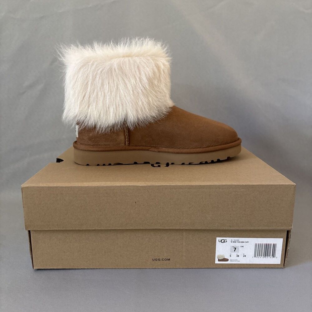 UGG Chestnut Suede Ankle Booties with Ivory Fur Cuff - Picture 10 of 12